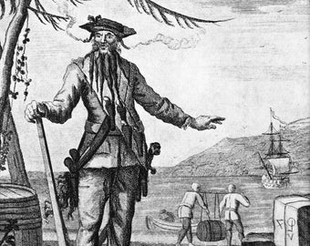 Blackbeard & Pirate Ship "Queen Anne's Revenge". Notorious buccaneer Captain Edward Teach. Prints, notecards of vintage 18c b/w engraving
