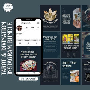 Peut inclure: Un ensemble de produits numériques pour Instagram sur les thèmes du tarot et de la divination. L'image montre un smartphone affichant un profil Instagram et divers modèles avec du texte comme "Daily Career Tarot". Le lot comprend 50 modèles.