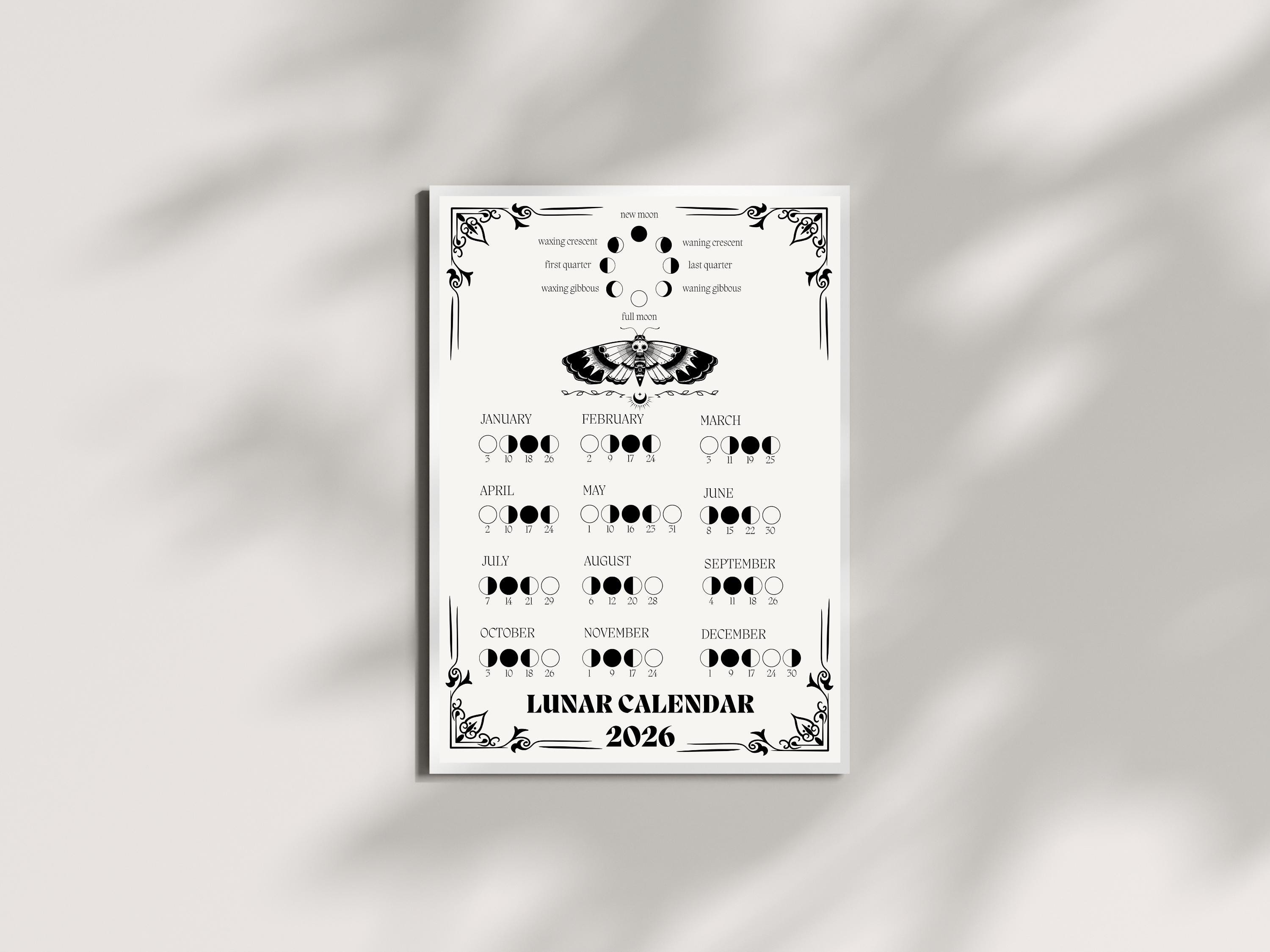 Lunar Calendar 2026 Printable – Gothic Hawk Moth Wall Art | Moon Phases ...