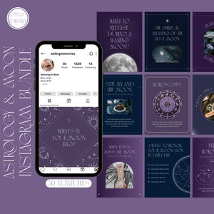 Peut inclure: Un ensemble de produits numériques avec des modèles Instagram sur le thème de l'astrologie et de la lune. Les modèles ont un code couleur violet et bleu marine avec des graphiques célestes. L'image comprend un smartphone affichant un profil Instagram et divers modèles.