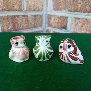 Set of 3 Miniature Owls Mexican Tonala Pottery Folk Art