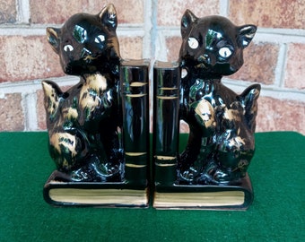 Mid-century Black Cat Bookends with Pencil Holders Made in Japan