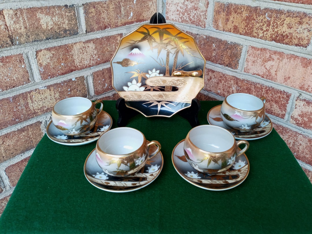 Mid-century Japanese Mt. Fuji Tea & Cookie Set/eggshell Porcelain