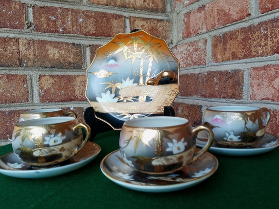 Mid-century Japanese Mt. Fuji Tea & Cookie Set/eggshell Porcelain