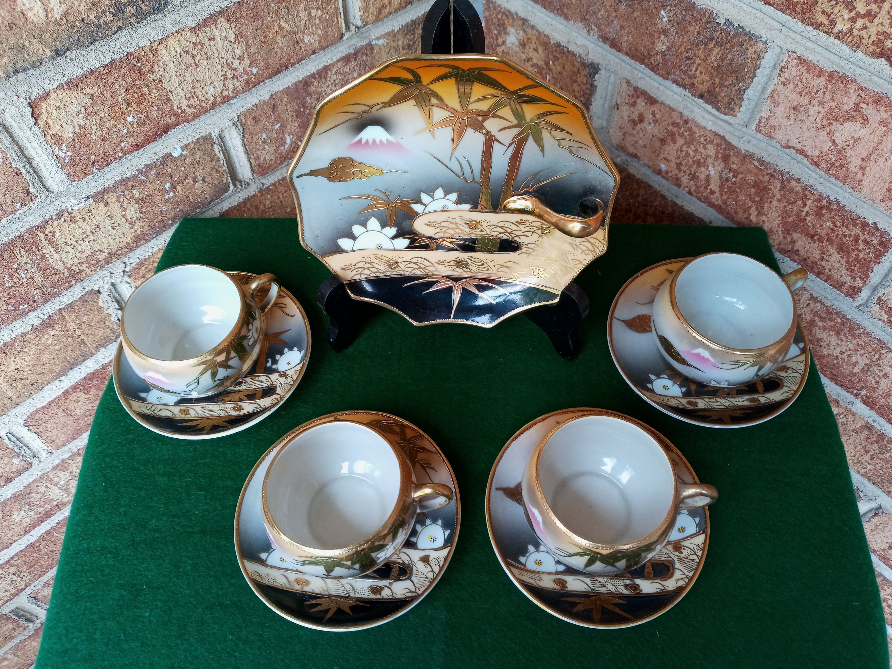 Mid-century Japanese Mt. Fuji Tea & Cookie Set/eggshell Porcelain