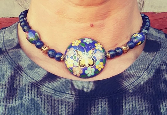 Cloisonne Butterfly Necklace with Sodalite Beads/Butterfly Necklace/Butterfly Choker Necklace