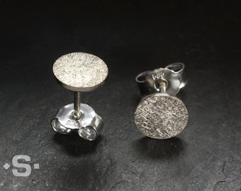 White gold earrings, studs. Minimalist, round, flat. Bridal jewelry. Dot studs.