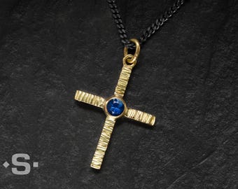 Gold cross pendant, 750 (18 kt) with sapphire. Cross necklace for women, solid gold, for communion, confirmation, baptism, goldsmith's jewelry.