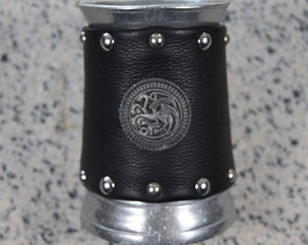 Metal Tankard, Wrapped in Leather Studded Band