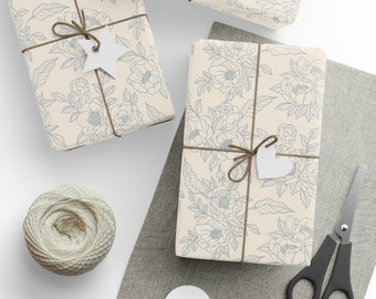 Vintage Look Blue and White Wrapping Paper, Blue Floral Gift Wrap, Floral Gift Wrap