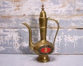 Brass Teapot Japanese VIntage Asian Serving Teapot Brass Pitcher Or Teapot Black Red with Japanese Writing
