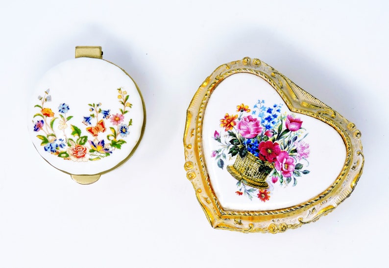 Heart Shaped Box with Clasp Yellow Fine Bone China wPink Roses Heart Ring Box /& Aynsley Fine China Miniature Round Pill Box Made in England