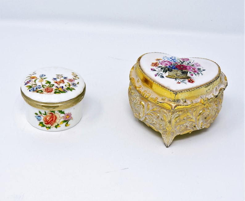 Heart Shaped Box with Clasp Yellow Fine Bone China wPink Roses Heart Ring Box /& Aynsley Fine China Miniature Round Pill Box Made in England