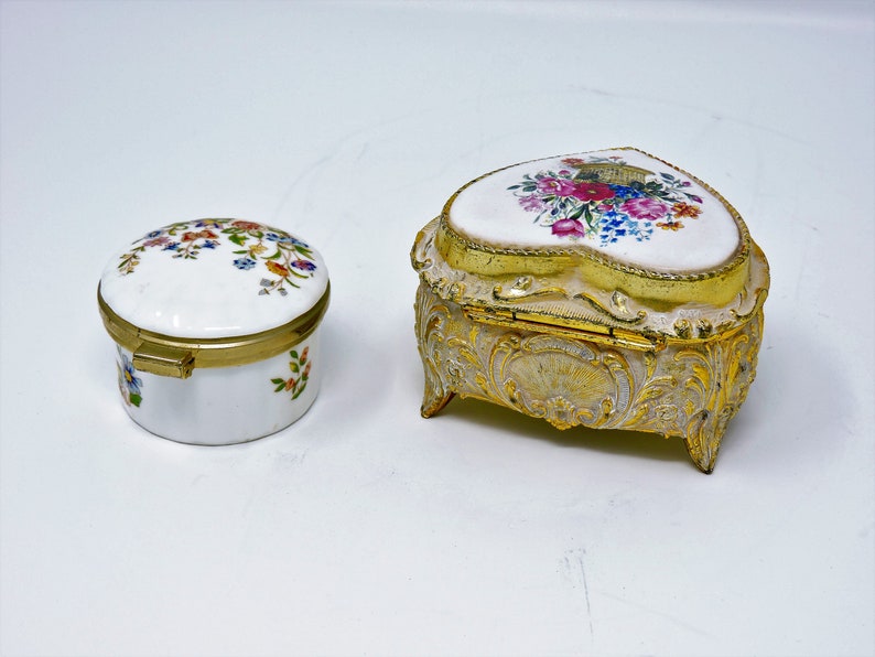 Heart Shaped Box with Clasp Yellow Fine Bone China wPink Roses Heart Ring Box /& Aynsley Fine China Miniature Round Pill Box Made in England