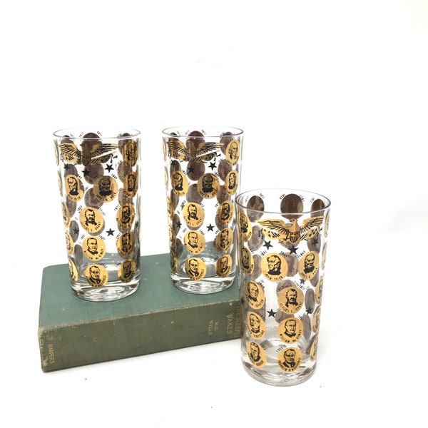 Presidential Drinking Glasses From Washington to John F Kennedy !950's Gold Cocktail Glasses 22k Gold Vintage Drinking Glass