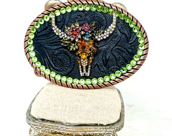 Bull Belt Buckle, Long Horn Bull Head Buckle, Rhinestone Bull Buckle Rhinestone Cowboy Buckle Western Buckle Handmade Cowgirl Belt Buckle