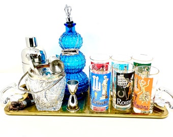 Travel Barware Set, Travel Bar Glasses, Exotic Cities Images on Drinking Glasses, Ice Bucket, Blue Decanter, Cocktail Shaker on Vintage Tray