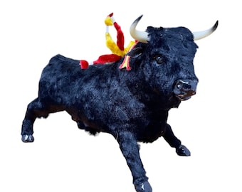 Large Bull Statue Black Fur Bull Figurine with Colorful Swords Rare Vintage Bull Art Piece Vintage Home or Office Decor Made in Spain