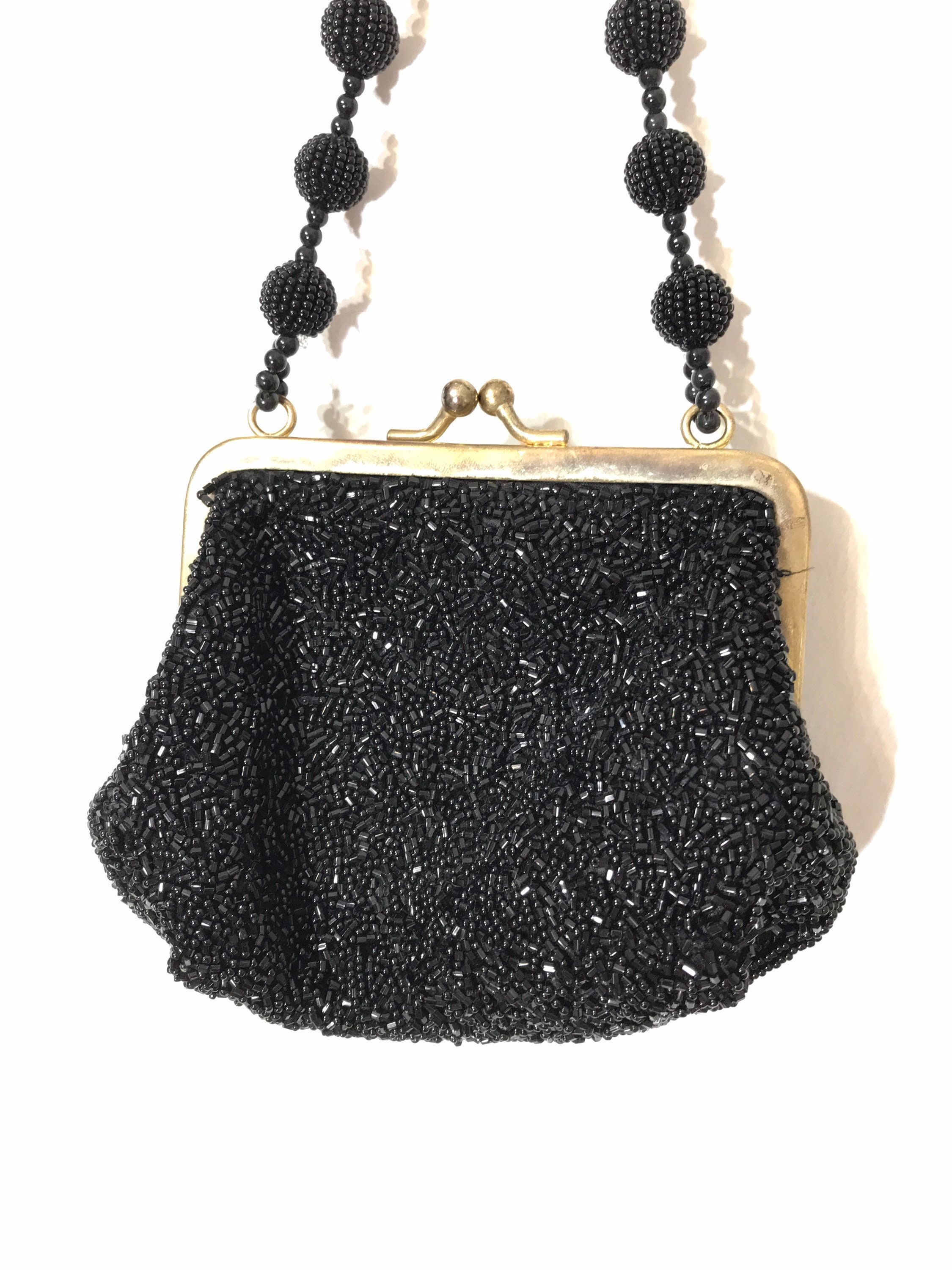 Black Beaded LA REGALE Evening Bag - Flapper Art Deco Style Purse - Evening  Purse - Gold Tone Chain Strap - Kissing Lock Bag - Beaded Fringe
