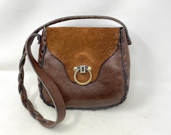 Leather Purse 1970s  Distressed Brown Leather Boho Chic Hippy Bag  Shoulder Bag