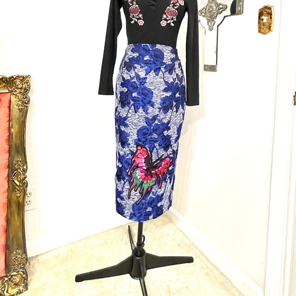 Gabrielle Union Skirt Blue & White Floral w/ Embroidered Butterfly Full Back Zipper Skirt Upcycled Skirt  Floral Jacquard Pencil Skirt