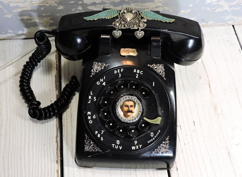 Rotary Phone Black Reto Decorated Upcycled Bell Systems Rotary Phone Black Reto Decorated