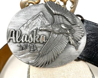 Alaska Belt Buckle on Leather Belt, Siskiyou Buckle, Black Leather Belt, Alaskan Buckle Eagle Holding Salmon Denali Mt. McKinley Park