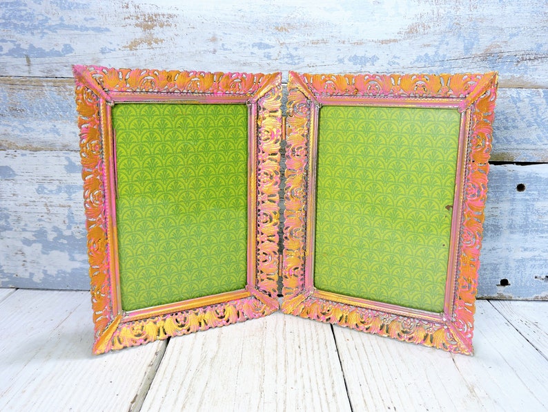 Old Picture Frames Folding Double 5x7 Ornate Flower Scroll Cut Image 0