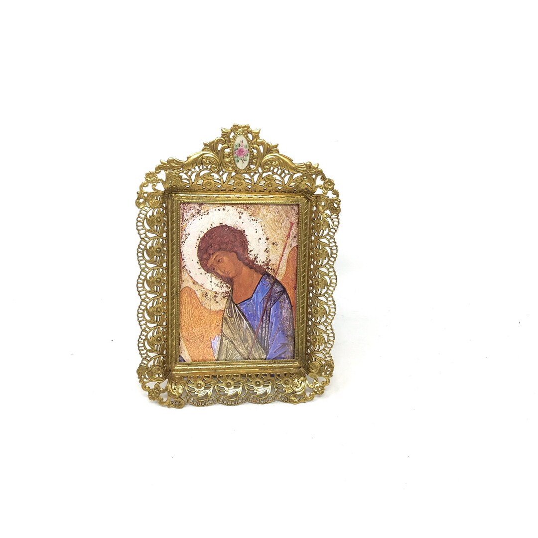 Religious Framed Art Gold Metal Frame With Floral Button Vintage Photo