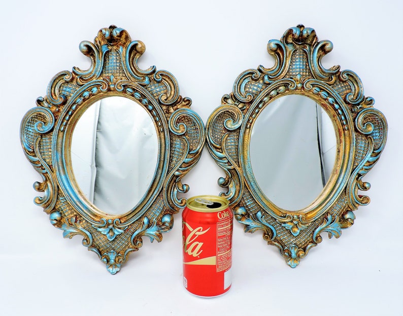 Large Wall Mirrors Gold Gilt Blue Painted Baroque Style Oval Mirror Hollywood Regency French Country Resin