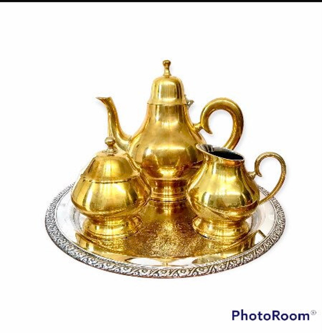Gold Tea Set, Vintage Tea Service, Silver Tray, 3 Piece Tea Srt, Coffee