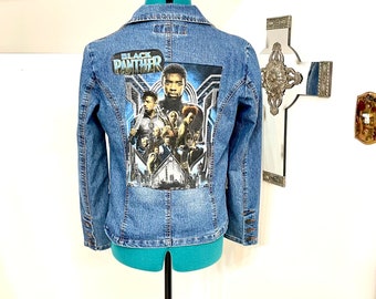 Black Panther Jean Jacket Back Panther T-Shirt Upcycled TShirt Movie Themed Jacket Re-Worked Jean Jacket Chadwick Boseman Jean Jacket Medium