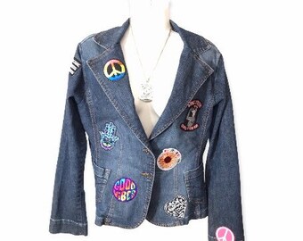 Hippieish Jean Jacket World Peace Love Be Kind Restyled with Patches Jean Jacket Girl Power Patch Jacket VW Bus Patch Womens Boho Jacket