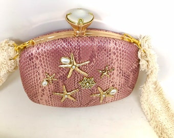 Kate Laundry Pink Purse, Beach Themed Hard Case Purse, Upstyled Pink Purse, Small Pink Purse, Large  Pearl Clasp, Beach Wedding Purse