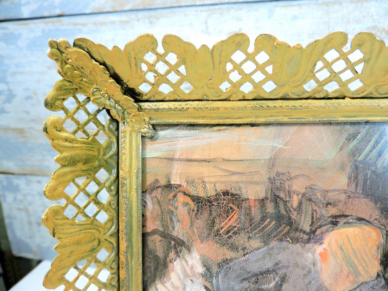 Vintage Gold Metal 8x10 Rectangular Frame with Old Art Picture In It Wedding Frames Vintage Metal Frames Old Frame