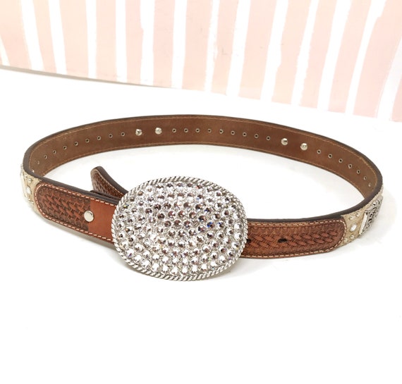 Western leather Belt Rhinestone Buckle and Silver