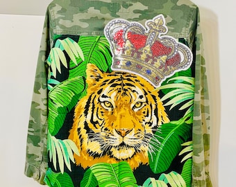 Camo Jacket Upcycled Tiger with Crown Jacket Army Green Womens Festival Jacket Rocker Jacket LSU College Tiger Masgot Jacket