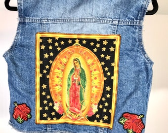 Jean Vest Repurposed Our Lady of Guadalupe Jean Vest Womens or Girls Mexican Religious Vest Teen Jean Vest Colorful Skull
