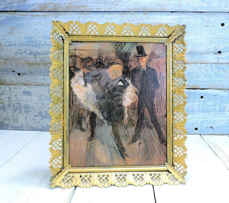 Vintage Gold Metal 8x10 Rectangular Frame with Old Art Picture In It Wedding Frames Vintage Metal Frames Old Frame