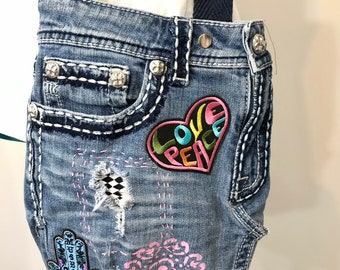 Bohemian Jean Purse: Jean Pants Bag Upcycled Jeans into Purse w/ Patches Custom Bag Crossbody Purse 1970 style Bag Handmade Hippi Jean Purse