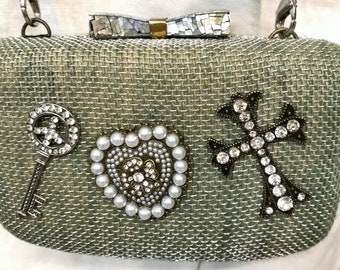 Kayu Silver Purse Silver Evening Bag Upstyled Silver Small Purse w/ Diamond Colored Rhinestone Cross Peace Sign Key Pearl & Rhinestone Heart