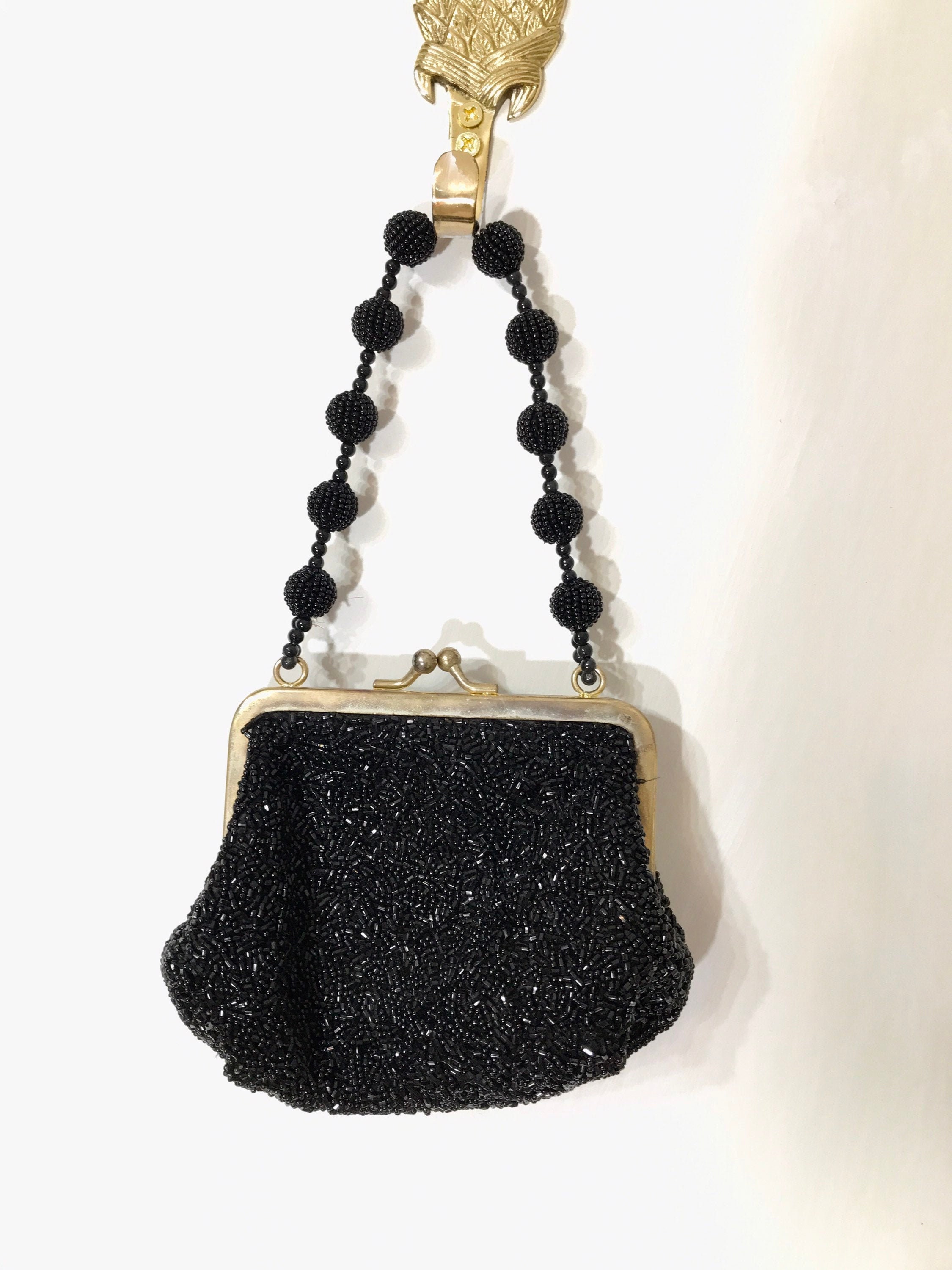 La Regale Evening Bag Purse Hang Bag Womens Black Gold 9" x 6"