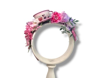 Tea Party Headband, Cottagecore Pink Blossoms, Tea Cup Headand, Alice In Wonderland