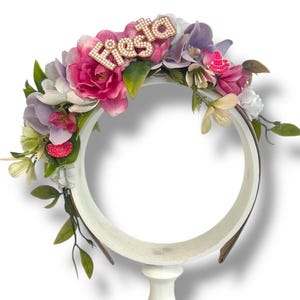Fascia per capelli con fiori colorati, fascia per capelli Fiesta, eredità ispanica, fascia per capelli con fiori rosa
