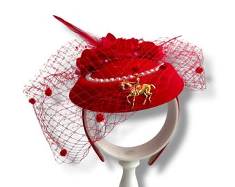 Red Mini Hat Fascinator, Birdcage Veil Headband, Kentucky Derby, Horse Lover