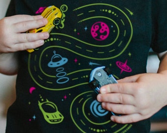 Youth M, Space Shirt, Gift for Kids, Alien Shirt, Race Track Shirt, Sensory Gift, Outer Space Birthday, Galaxy Shirt, Quarantine Kids Tee