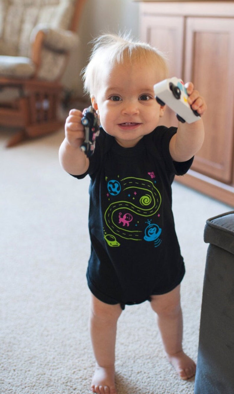 6 Month Baby Bodysuit, Space Train or Car design, Baby Clothes, Play Mat Shirt, Dad and Baby Matching Shirts, Outer Space image 2
