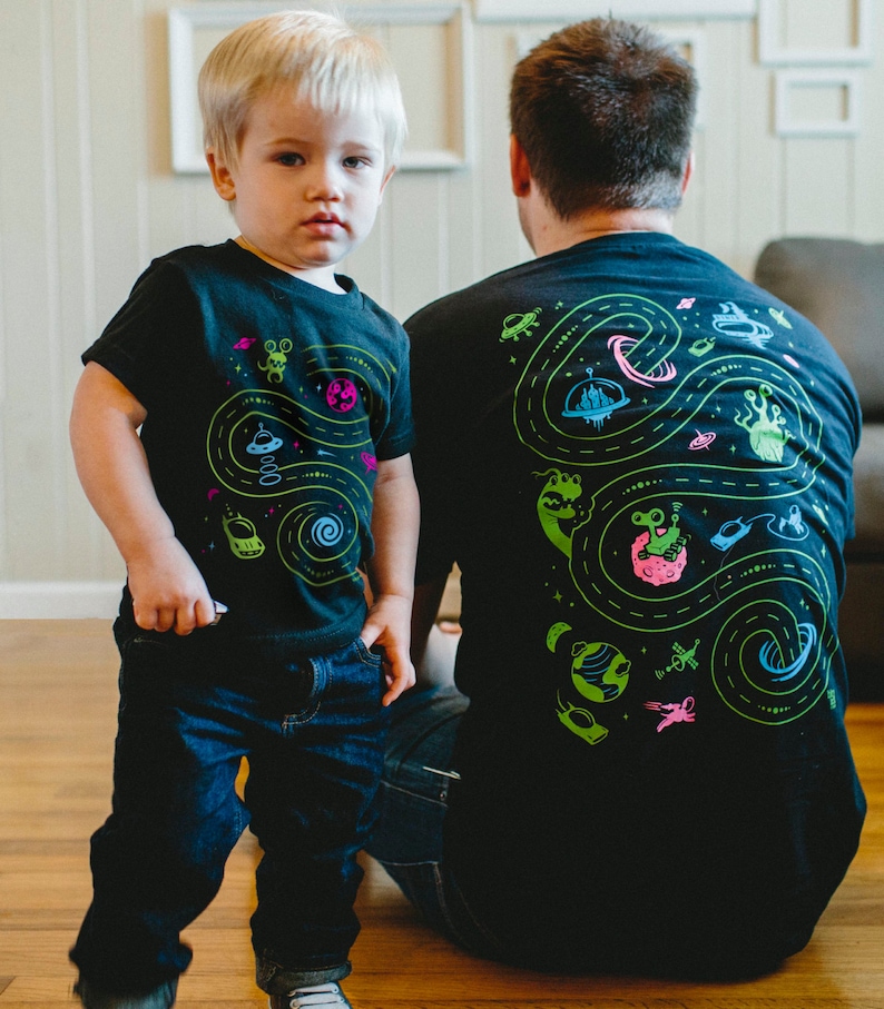 Dad and Baby Matching Shirts, Space Shirts, Matching Shirts and Onesies, Car Play Mat Shirts Dad and Son Outer Space Birthday Roads on Back 