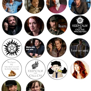 May include: A collage of 15 round buttons featuring characters and quotes from the TV show Supernatural. The buttons feature images of the main characters, including Dean Winchester, Sam Winchester, Castiel, and Crowley, as well as iconic symbols and quotes from the show, such as the "Keep Calm and Call the Winchesters" button and the "Make pie, not war" button.
