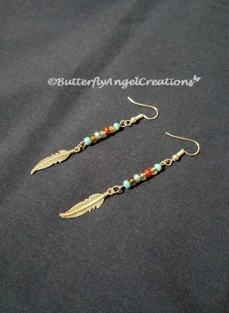 Womens Blue Turquoise Beaded Feather Earrings Dangle/drop - Etsy